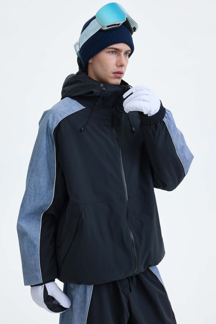 Men's Black & Washed Denim Contrast Panel Reflective Snow Jacket