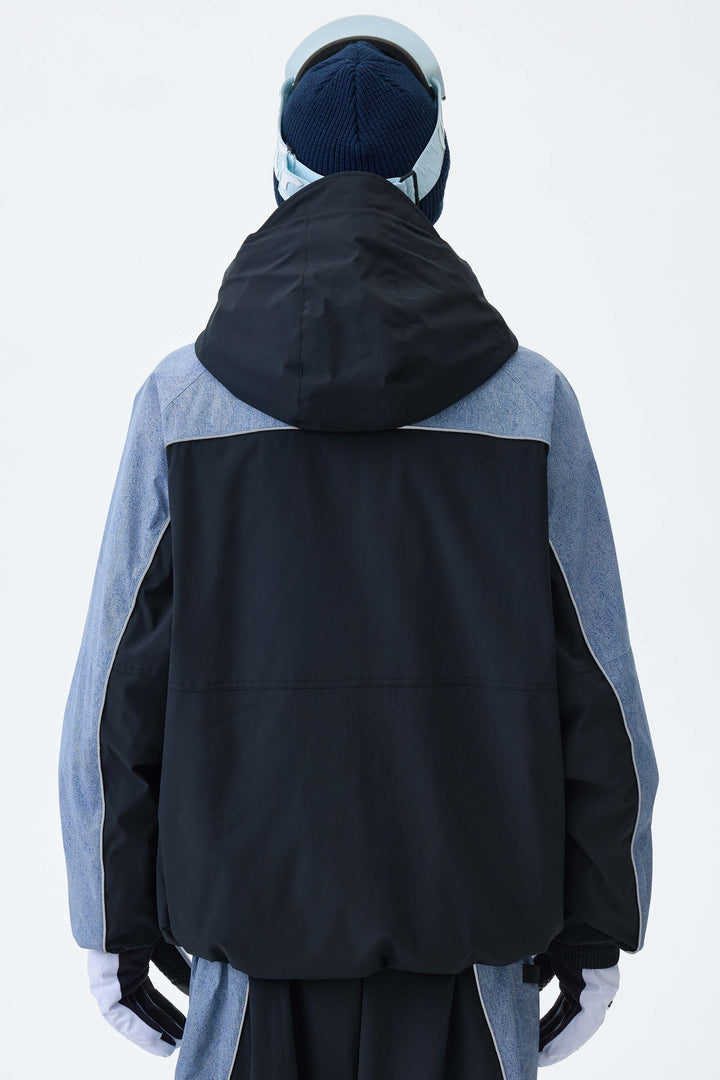 Men's Black & Washed Denim Contrast Panel Reflective Snow Jacket