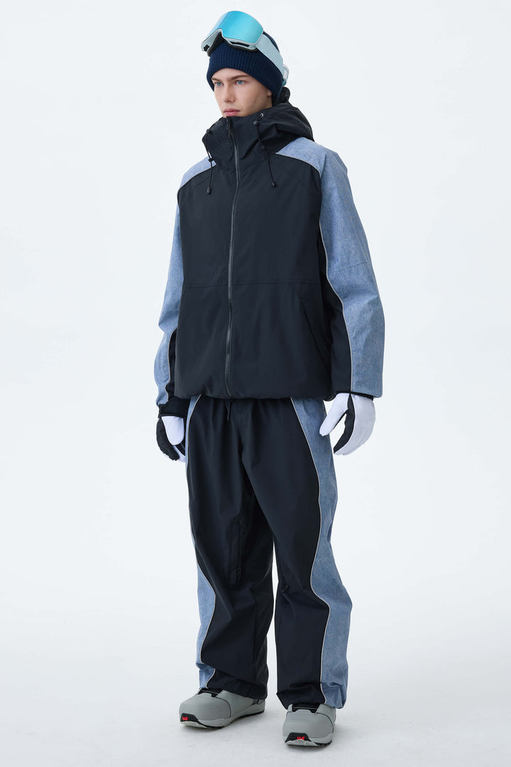 Men's Black & Washed Denim Contrast Panel Reflective Snow Jacket