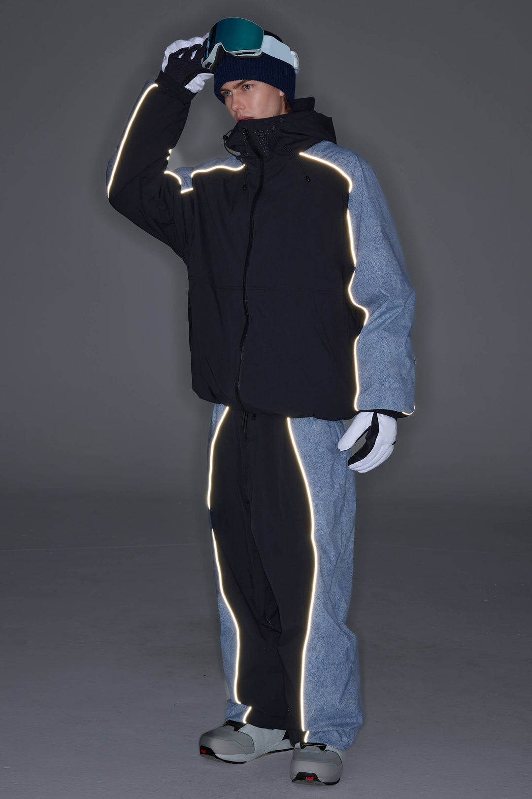 Men's Black & Washed Denim Contrast Panel Reflective Snow Jacket