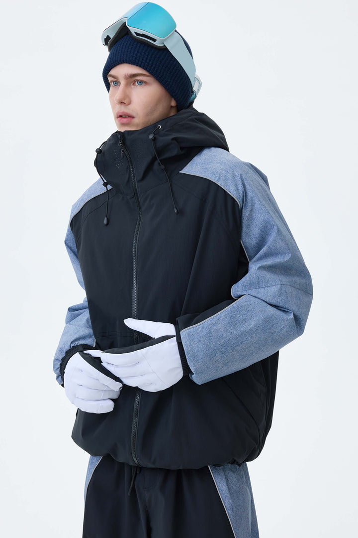 Men's Black & Washed Denim Contrast Panel Reflective Snow Jacket