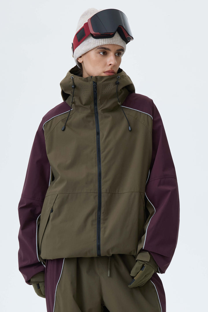 Women's Olive & Plum Noir Contrast Panel Reflective Snow Jacket