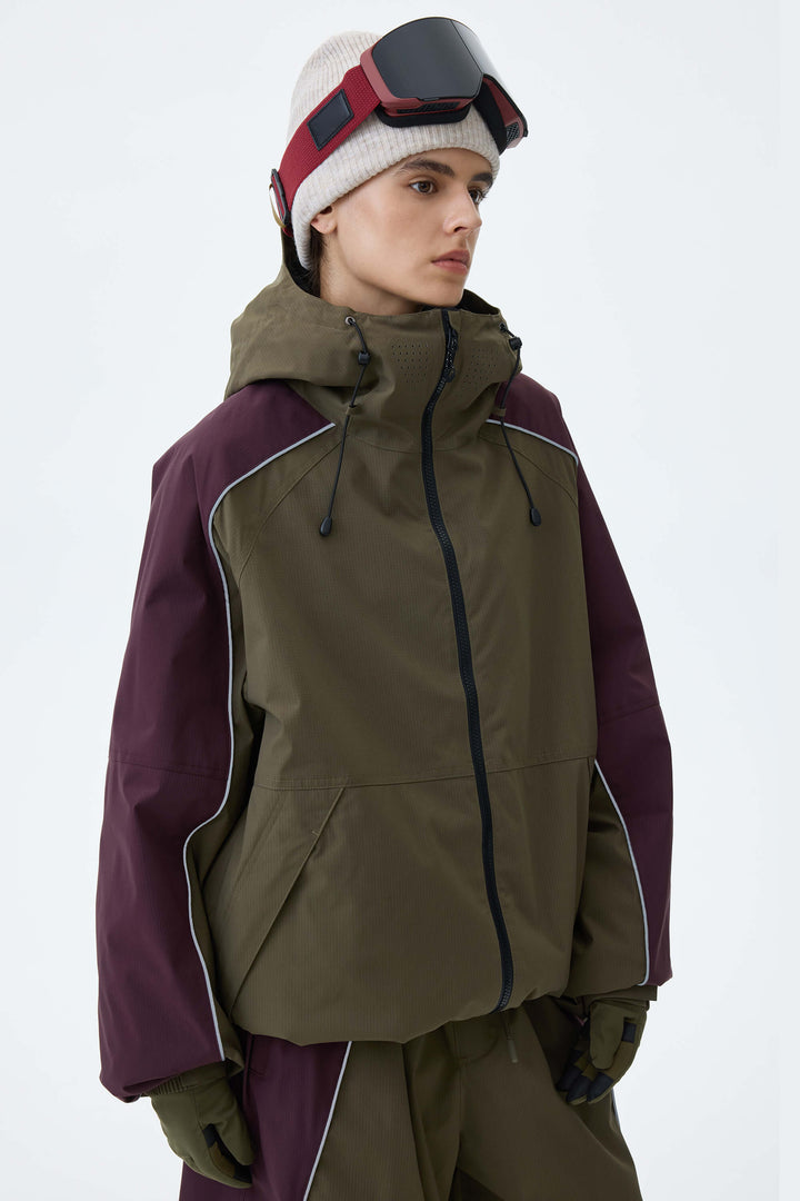 Women's Olive & Plum Noir Contrast Panel Reflective Snow Jacket