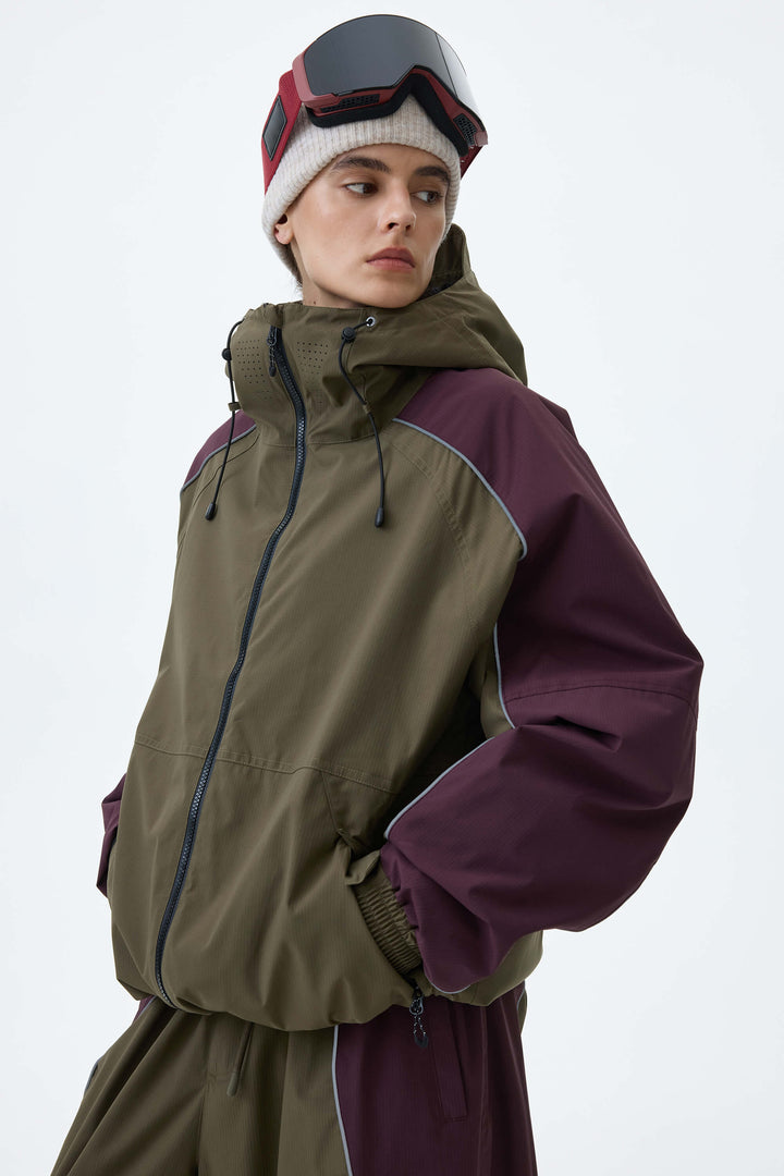 Women's Olive & Plum Noir Contrast Panel Reflective Snow Jacket