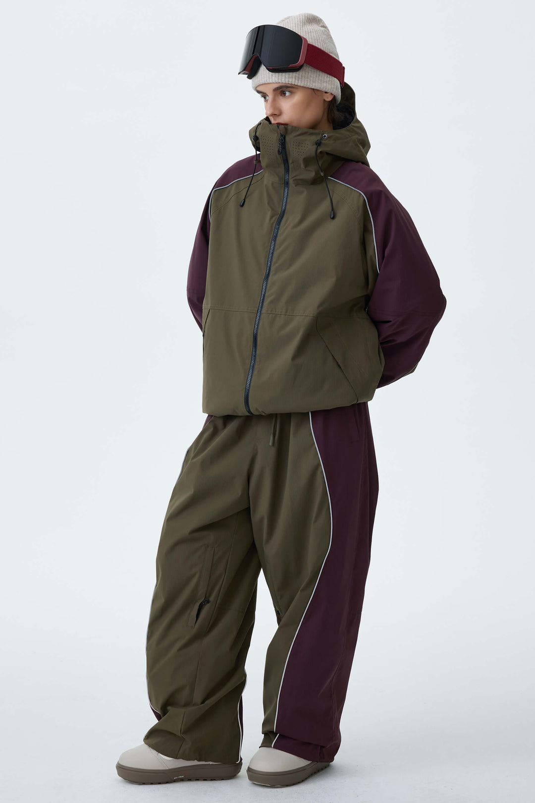 Women's Olive & Plum Noir Contrast Panel Reflective Snow Jacket