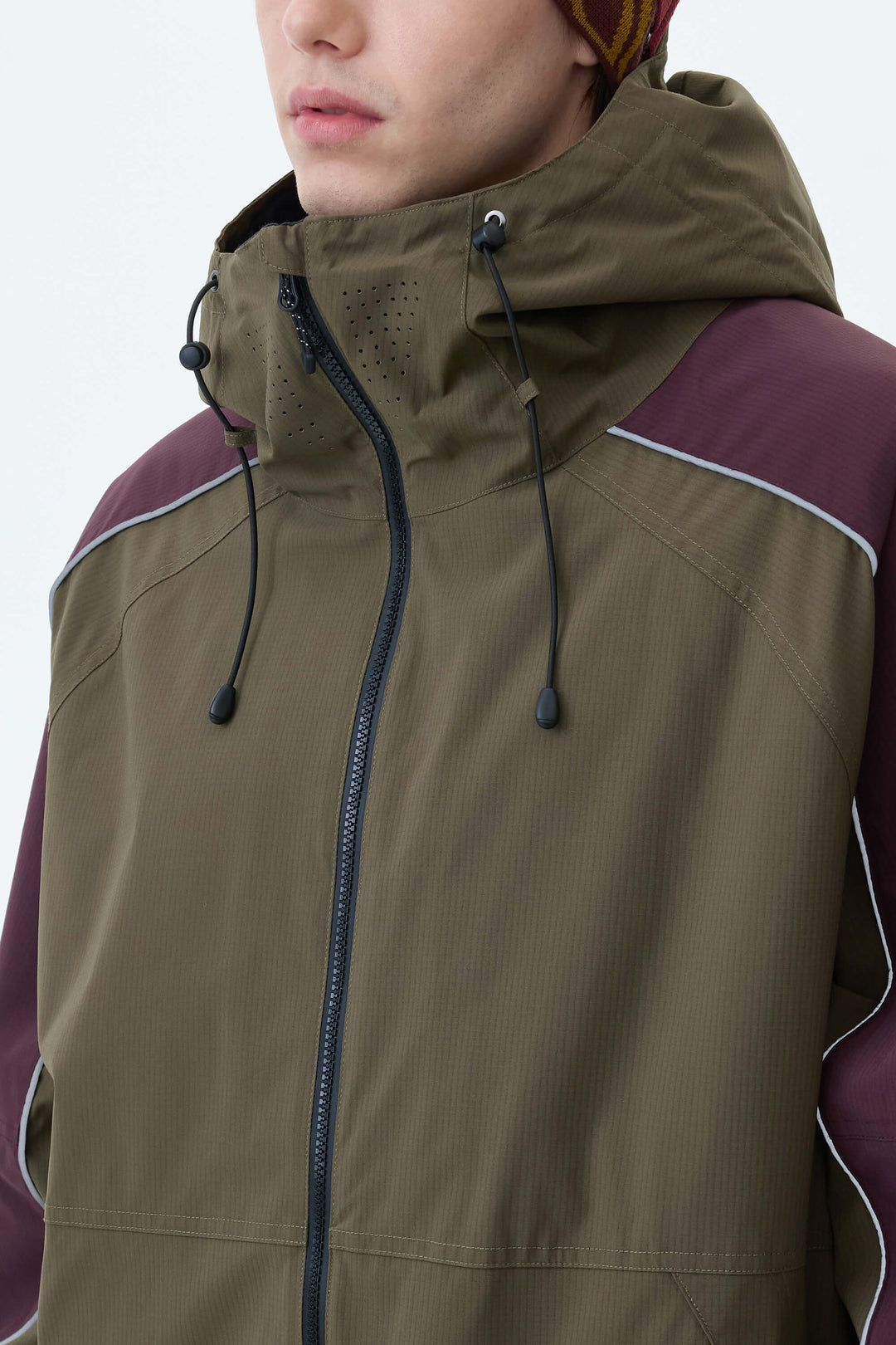 Men's Olive & Plum Noir Contrast Panel Reflective Snow Jacket