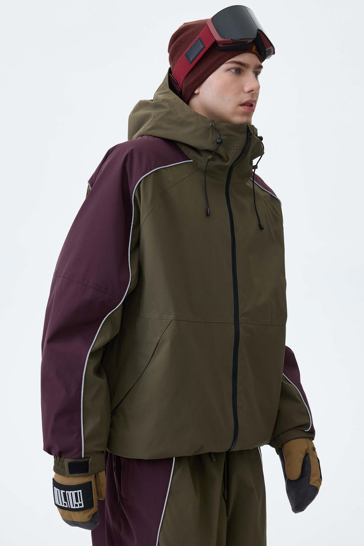 Men's Olive & Plum Noir Contrast Panel Reflective Snow Jacket