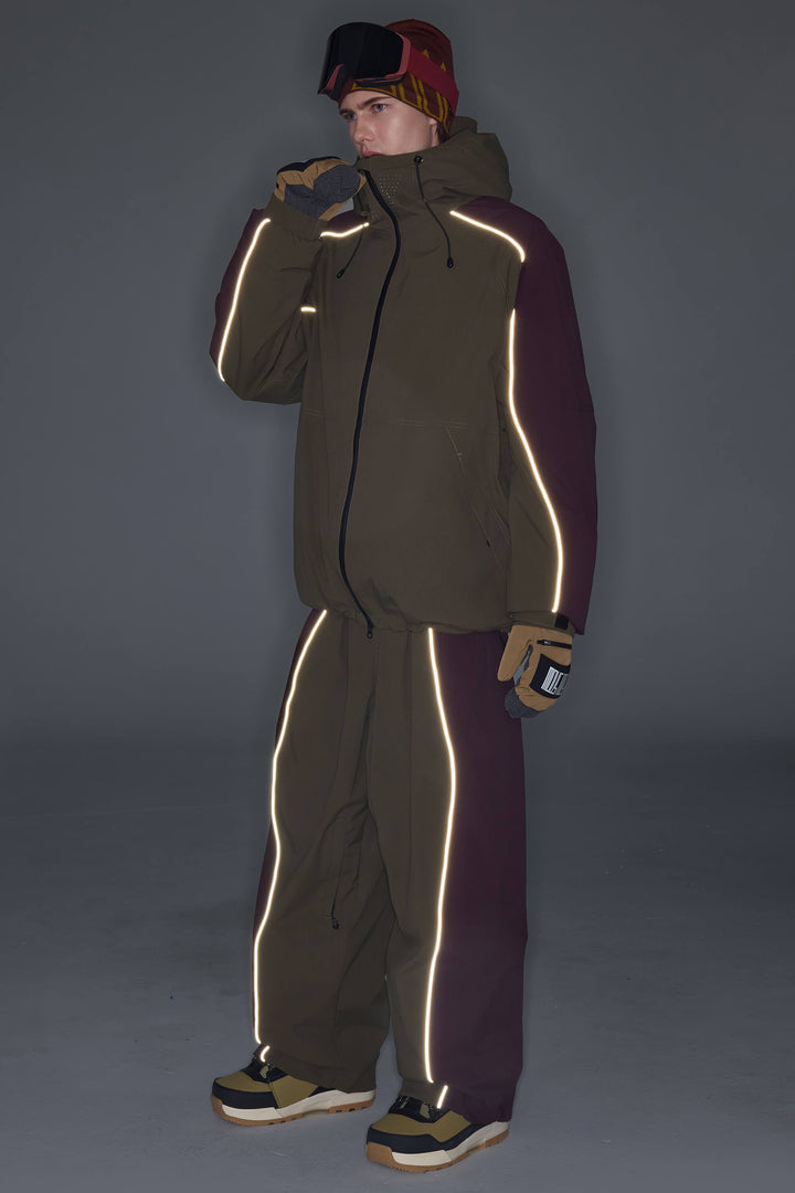 Men's Olive & Plum Noir Contrast Panel Reflective Snow Jacket