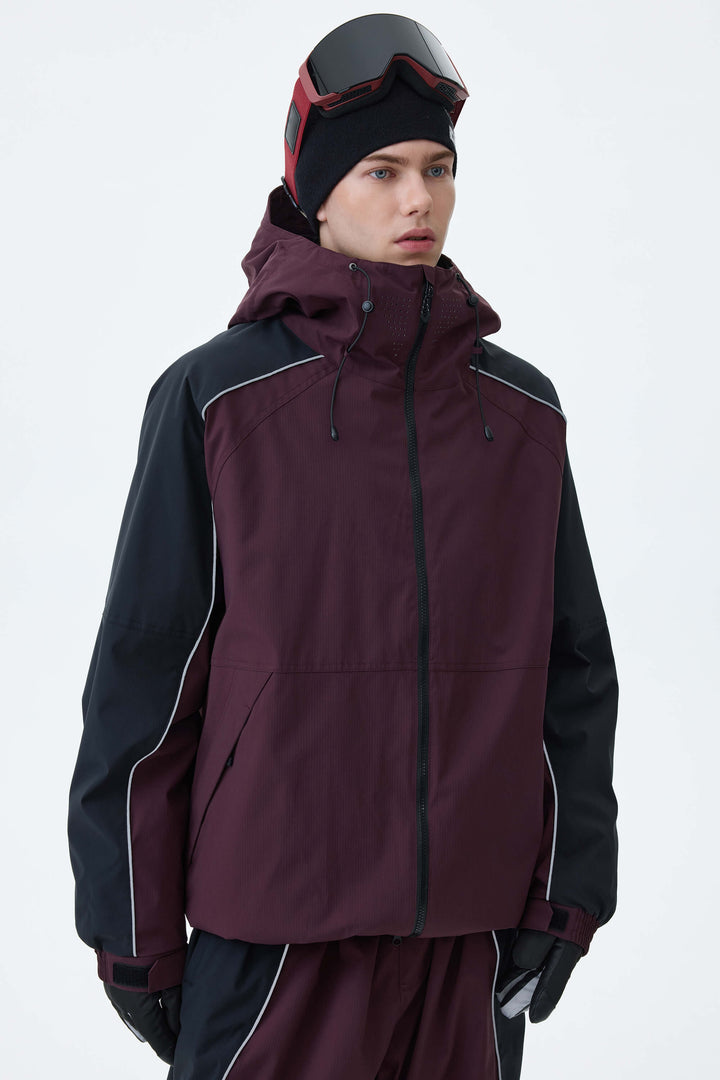 Men's Plum Noir & Black Contrast Panel Reflective Snow Jacket