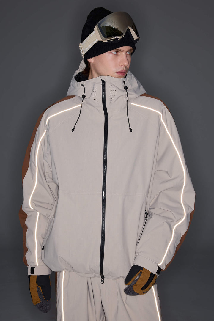 Men's Off White Reflective Contrast-Stripe Insulated Snow Jacket