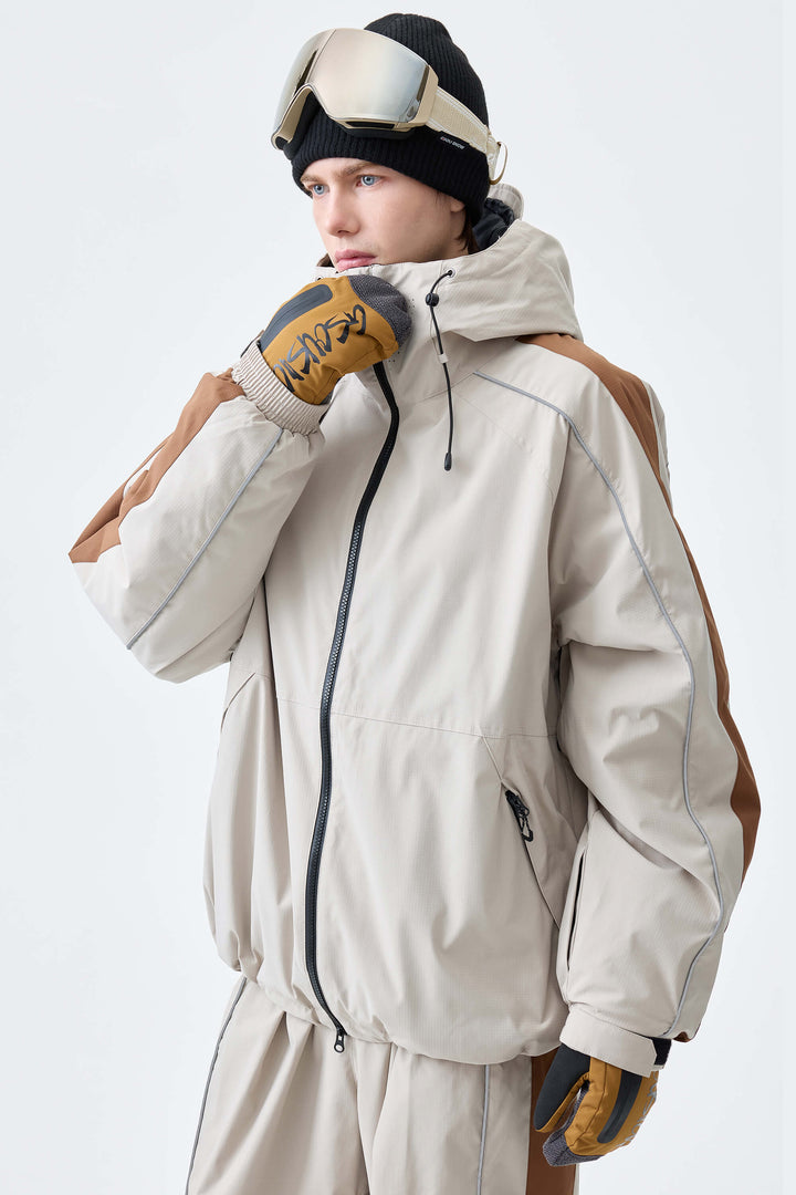 Men's Off White Reflective Contrast-Stripe Insulated Snow Jacket