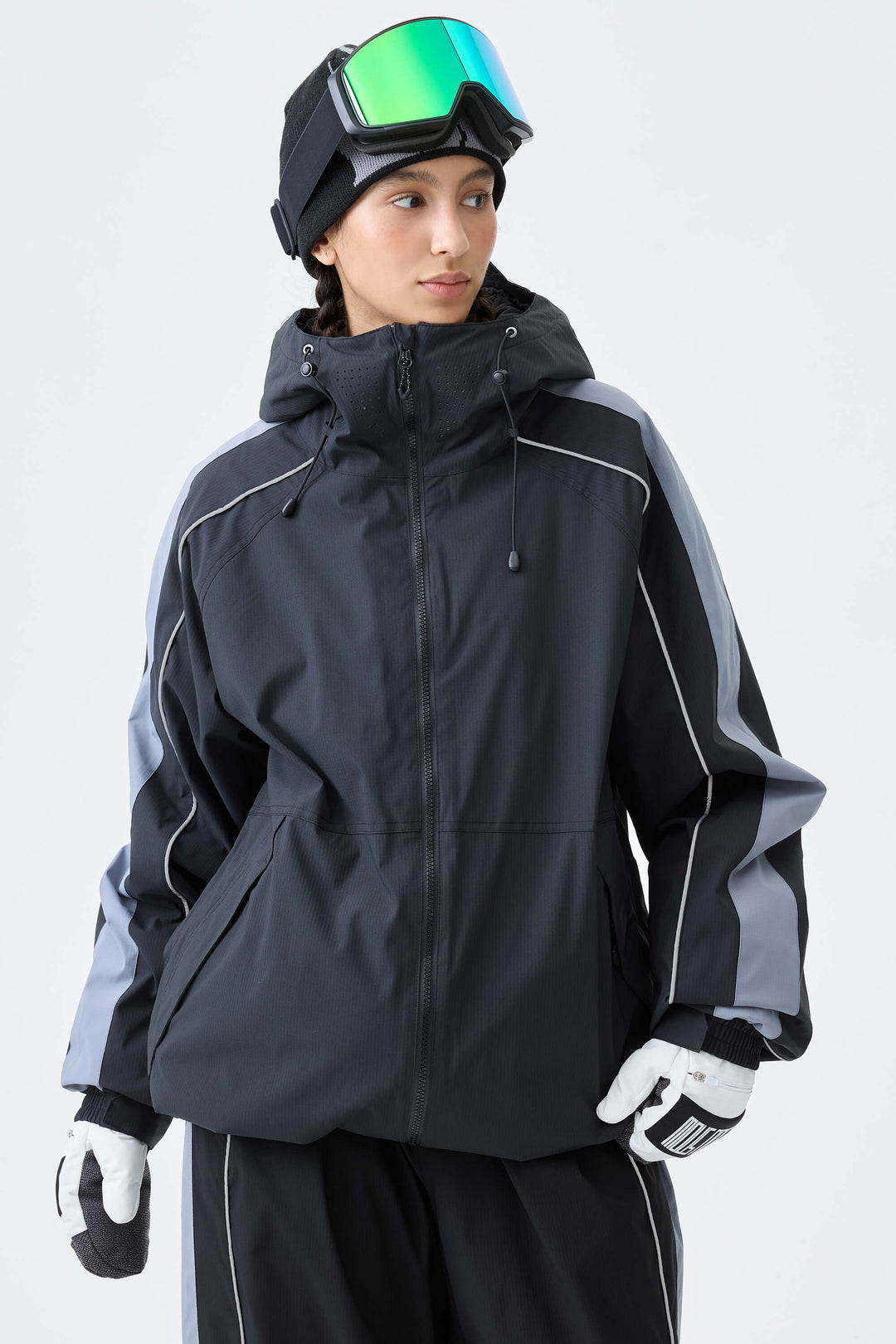 Women's Black Reflective Contrast-Stripe Insulated Snow Jacket