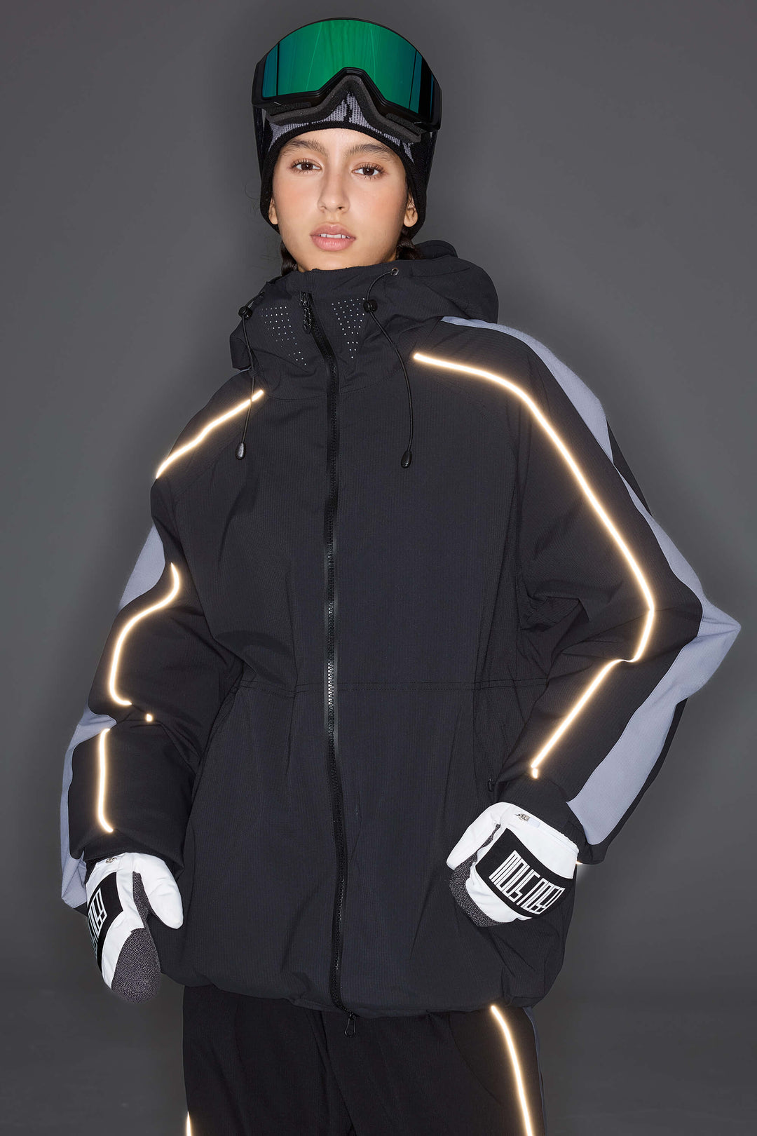 Women's Black Reflective Contrast-Stripe Insulated Snow Jacket