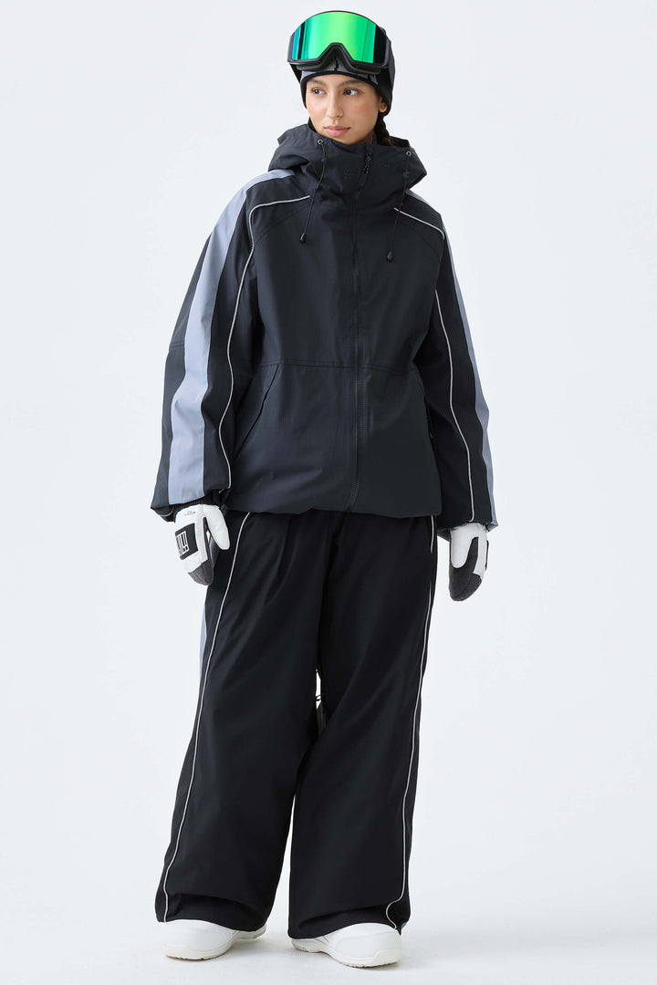 Women's Black Reflective Contrast-Stripe Insulated Snow Jacket