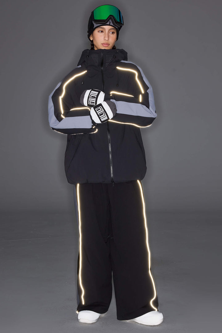 Women's Black Reflective Contrast-Stripe Insulated Snow Jacket