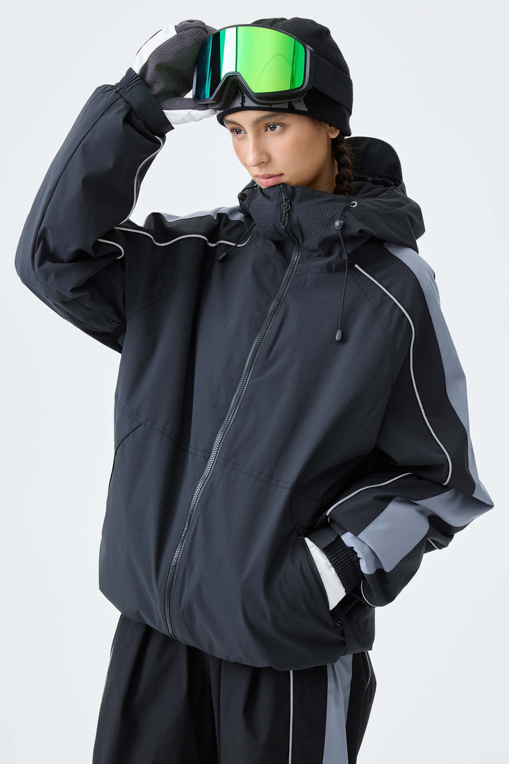 Women's Black Reflective Contrast-Stripe Insulated Snow Jacket