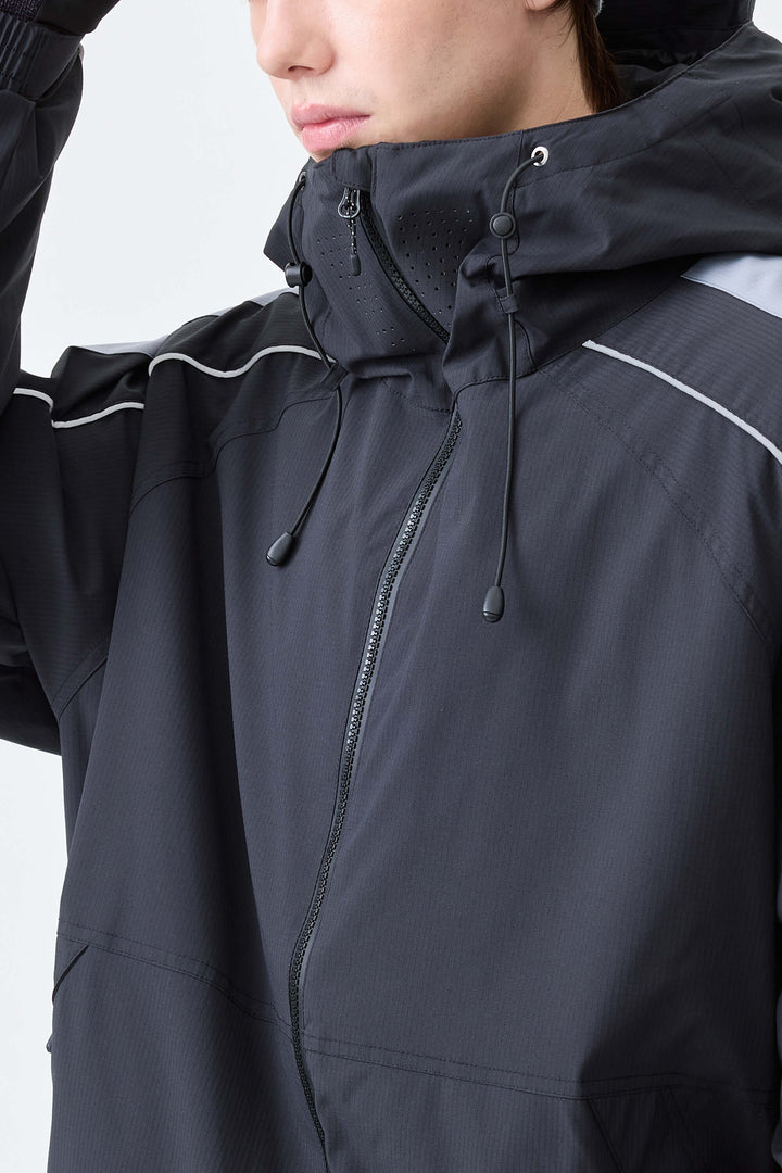 Men's Black Reflective Contrast-Stripe Insulated Snow Jacket