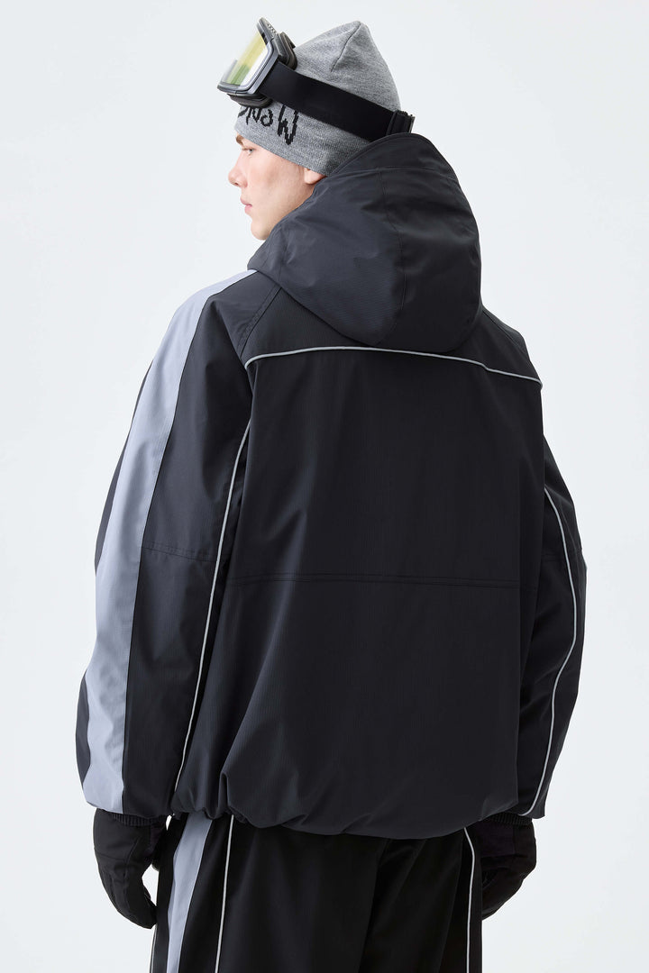 Men's Black Reflective Contrast-Stripe Insulated Snow Jacket