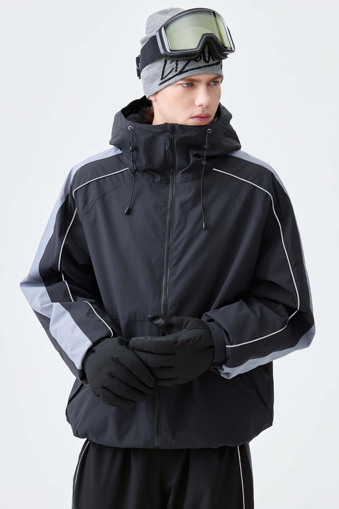 Men's Black Reflective Contrast-Stripe Insulated Snow Jacket