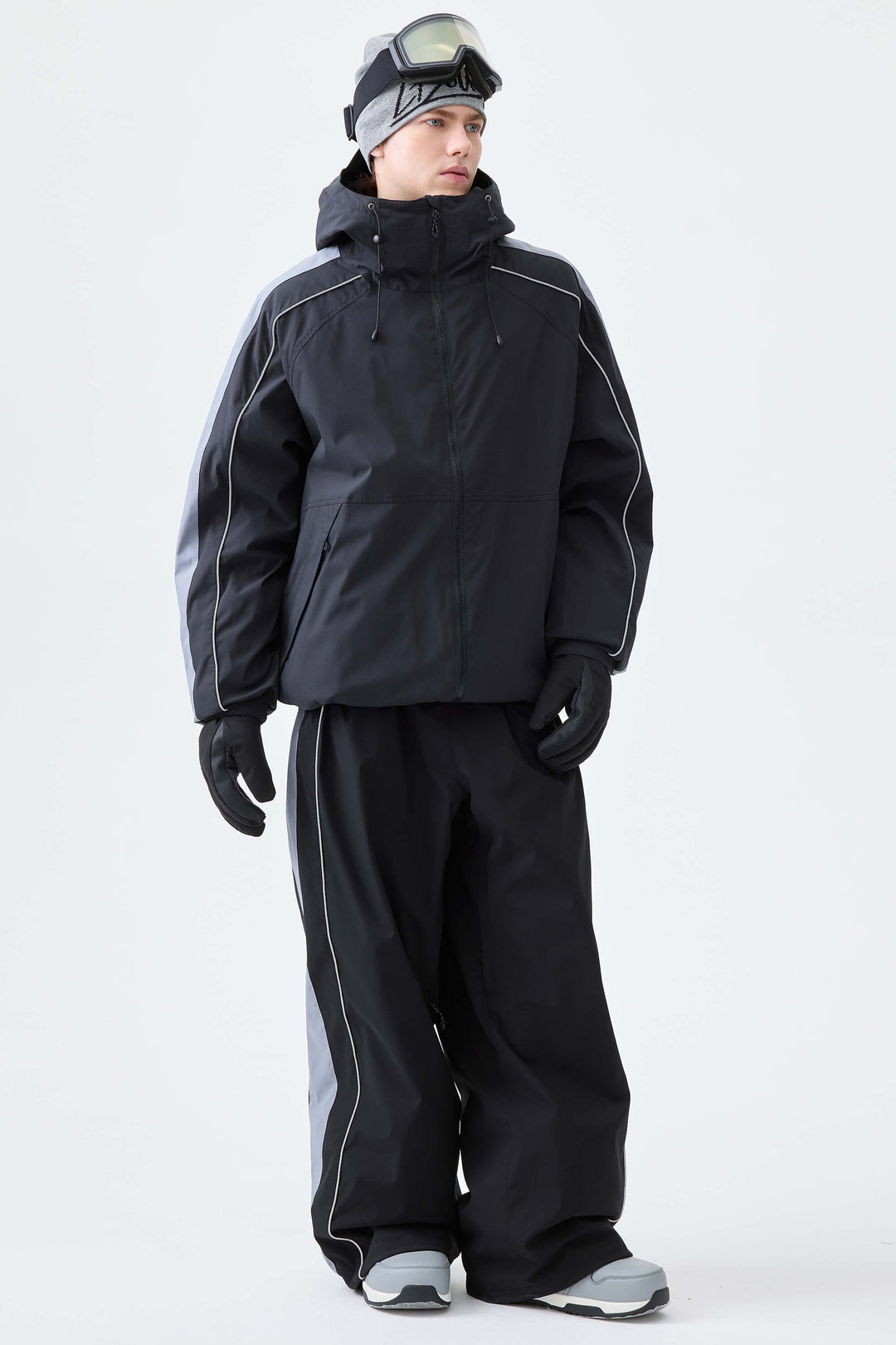 Men's Black Reflective Contrast-Stripe Insulated Snow Jacket