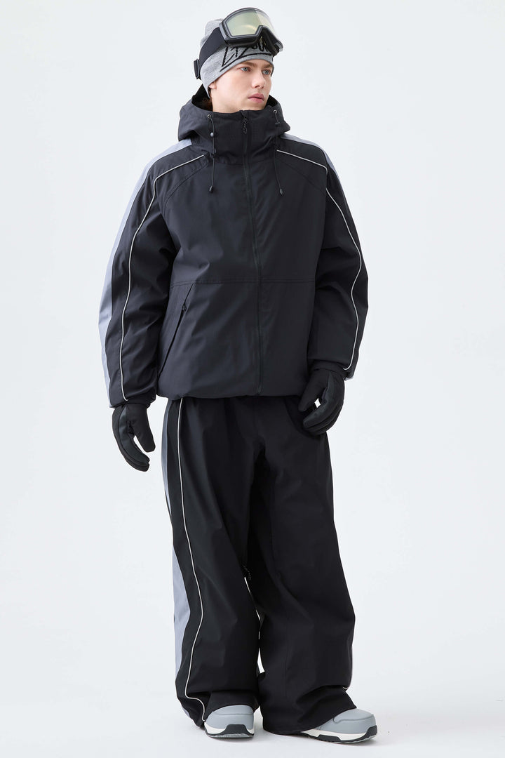 Men's Black Reflective Contrast-Stripe Insulated Snow Jacket