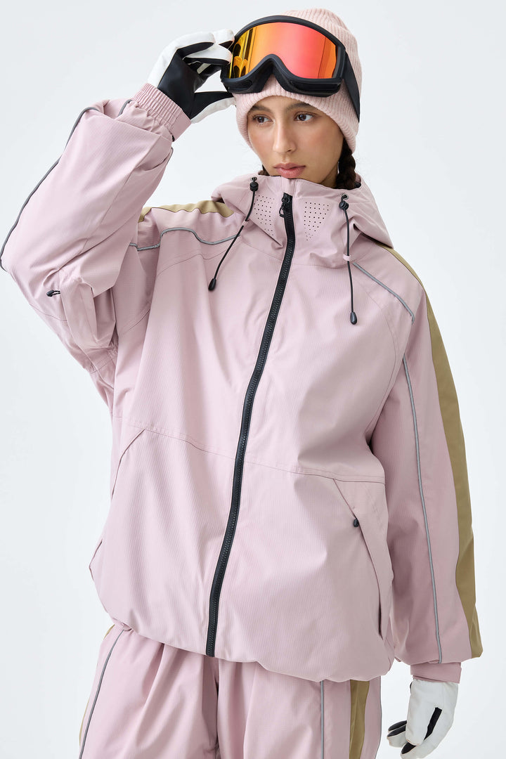 Women's Pink Reflective Contrast-Stripe Insulated Snow Jacket