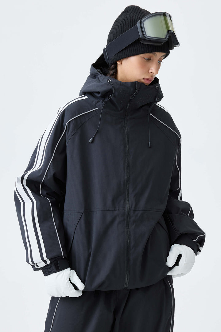 Women's Black Retro Side Stripe Reflective Snow Jacket