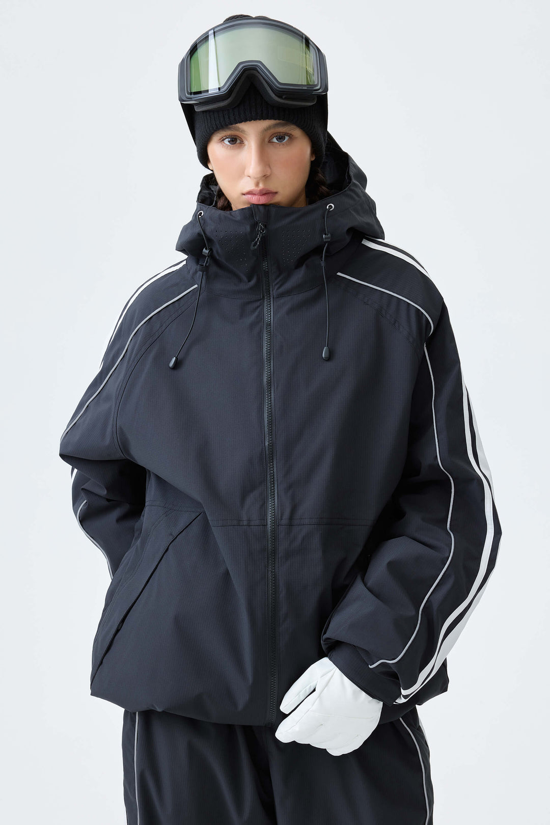 Women's Black Retro Side Stripe Reflective Snow Jacket