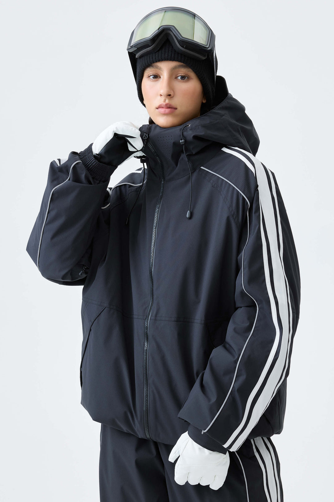 Women's Black Retro Side Stripe Reflective Snow Jacket