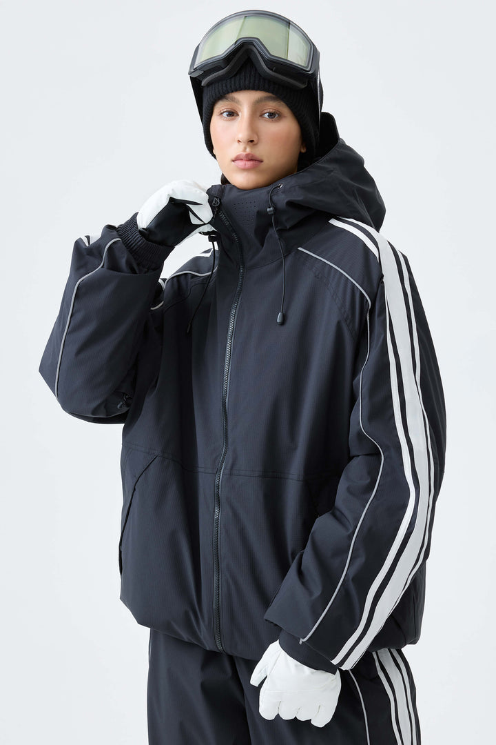 Women's Black Retro Side Stripe Reflective Snow Jacket