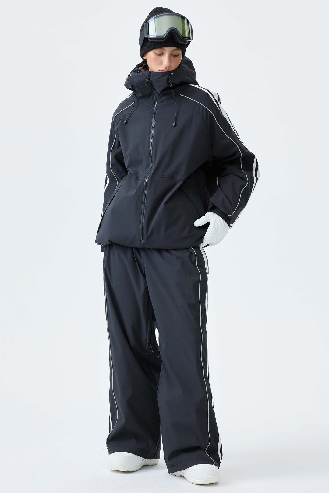 Women's Black Retro Side Stripe Reflective Snow Jacket