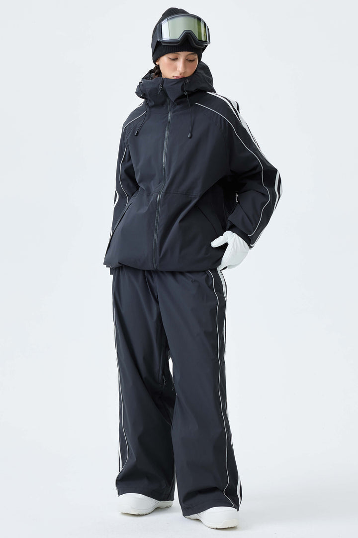 Women's Black Retro Side Stripe Reflective Snow Jacket