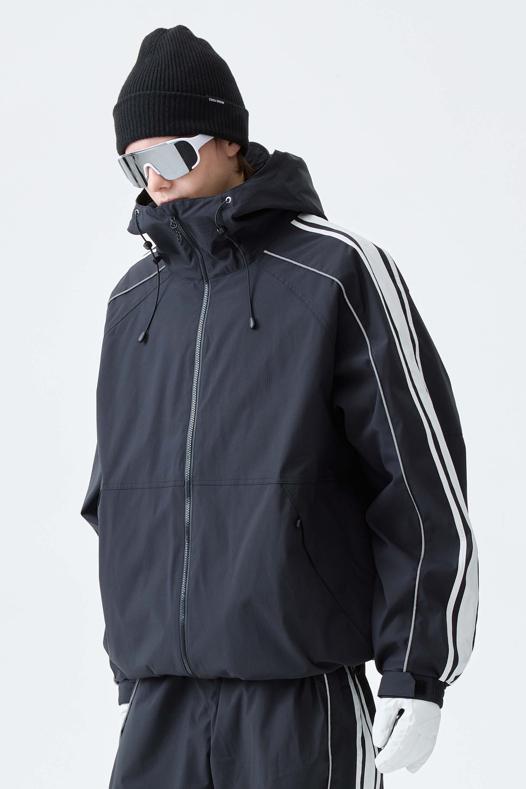 Men's Black Retro Side Stripe Reflective Snow Jacket