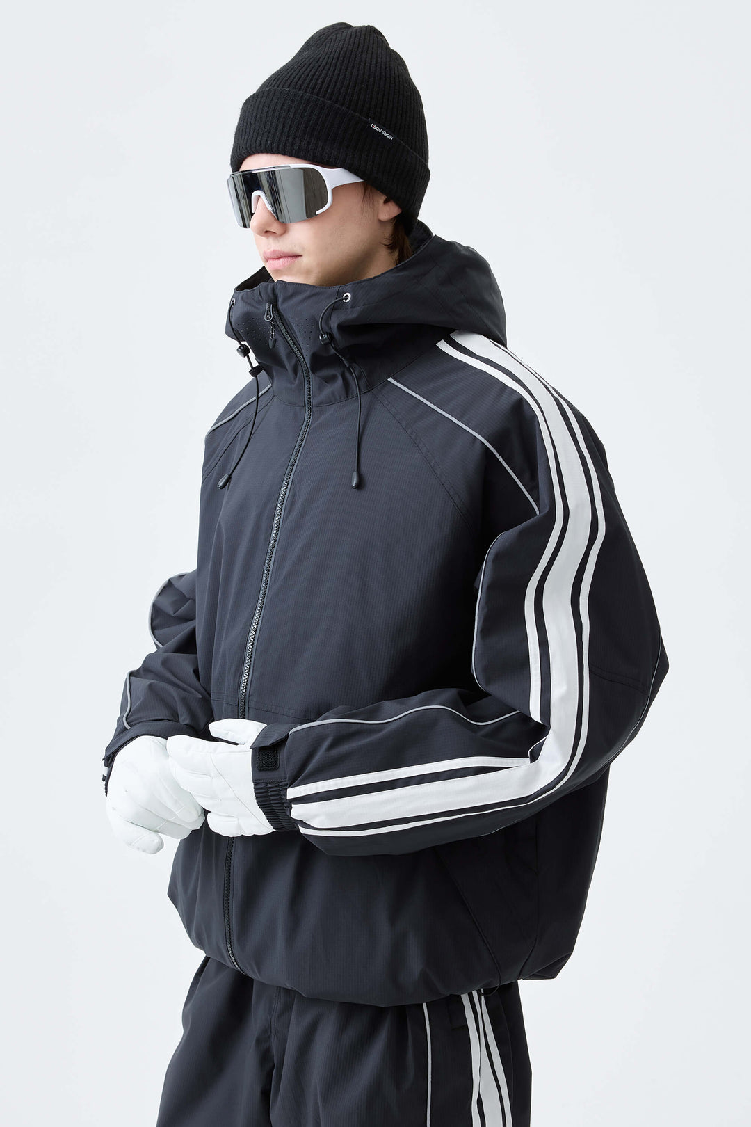 Men's Black Retro Side Stripe Reflective Snow Jacket