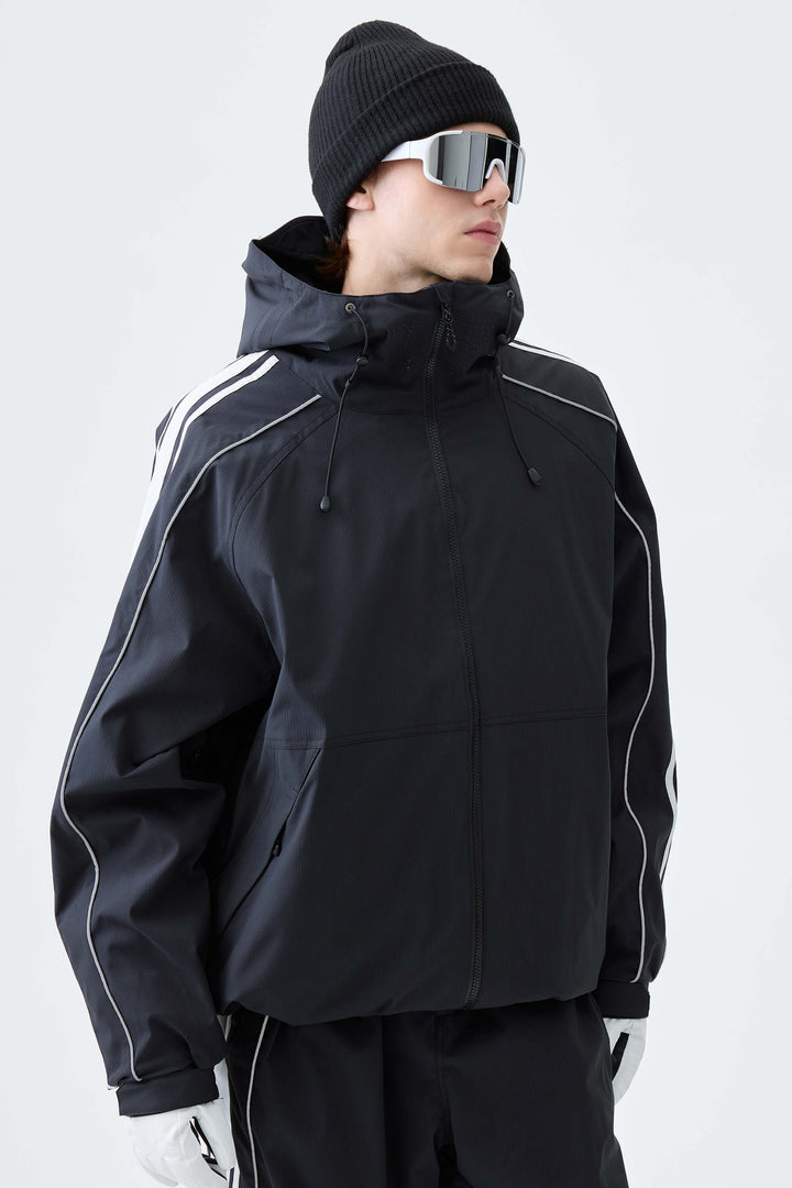 Men's Black Retro Side Stripe Reflective Snow Jacket