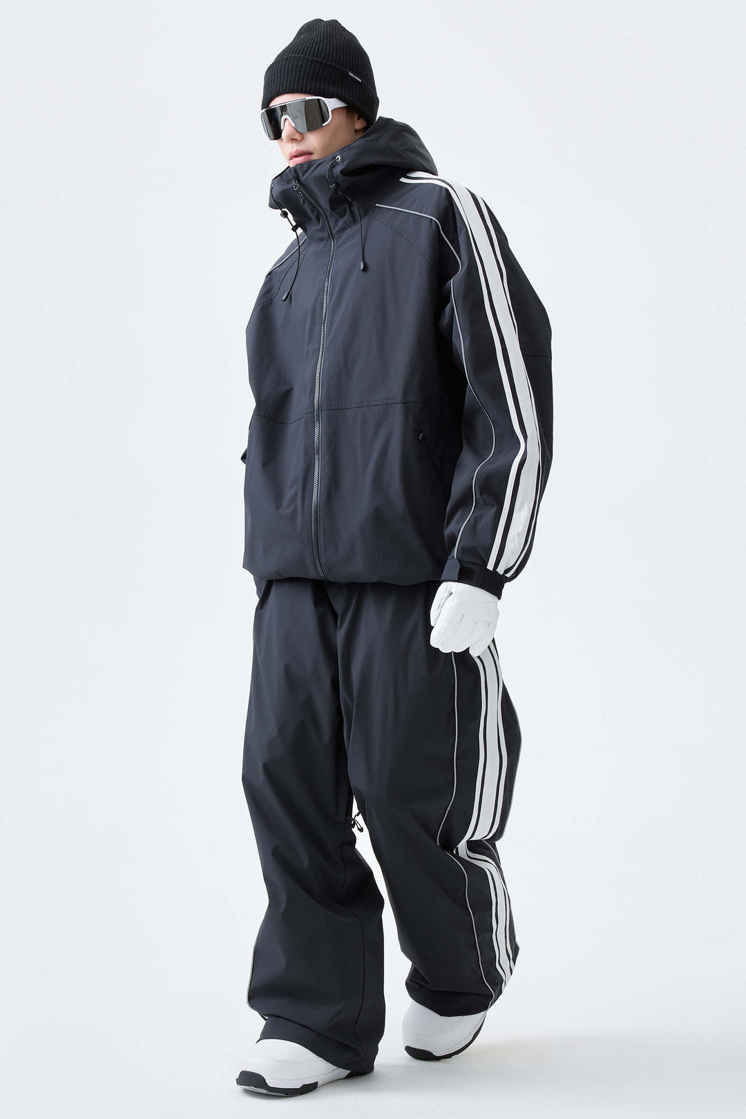 Men's Black Retro Side Stripe Reflective Snow Jacket