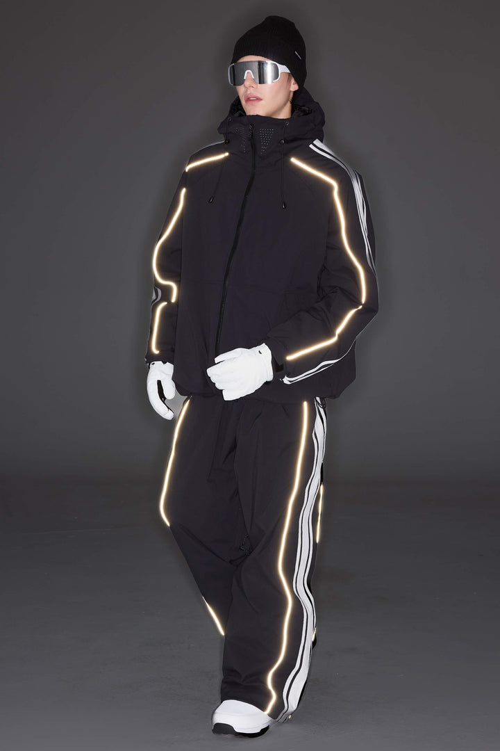 Men's Black Retro Side Stripe Reflective Snow Jacket