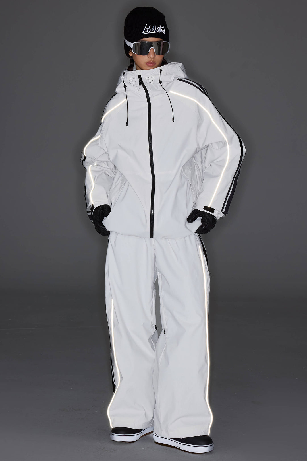 Women's Off White Retro Side Stripe Reflective Snow Jacket