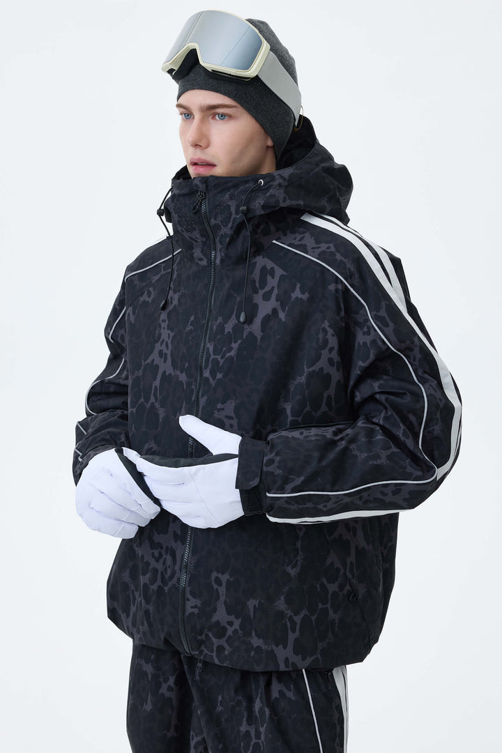Men's Oat Milk Retro Track Stripe Reflective Snow Jacket