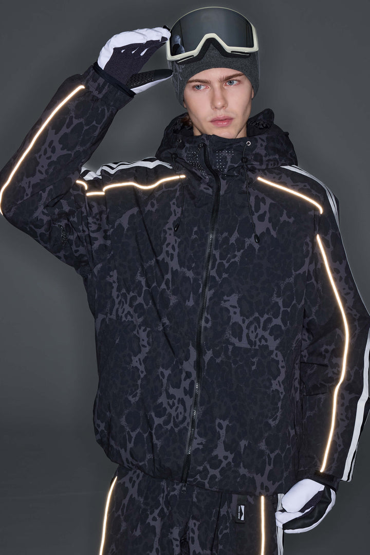 Men's Oat Milk Retro Track Stripe Reflective Snow Jacket