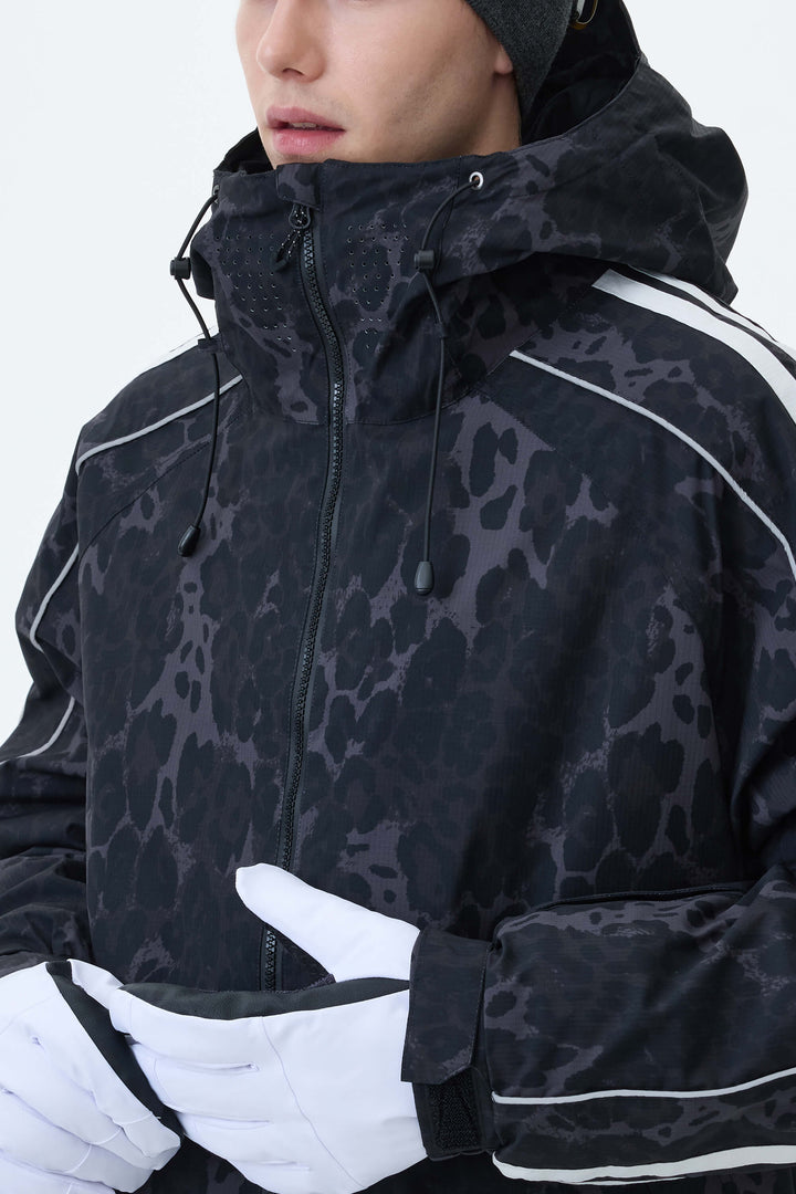 Men's Gray Leopard Retro Track Stripe Reflective Snow Jacket