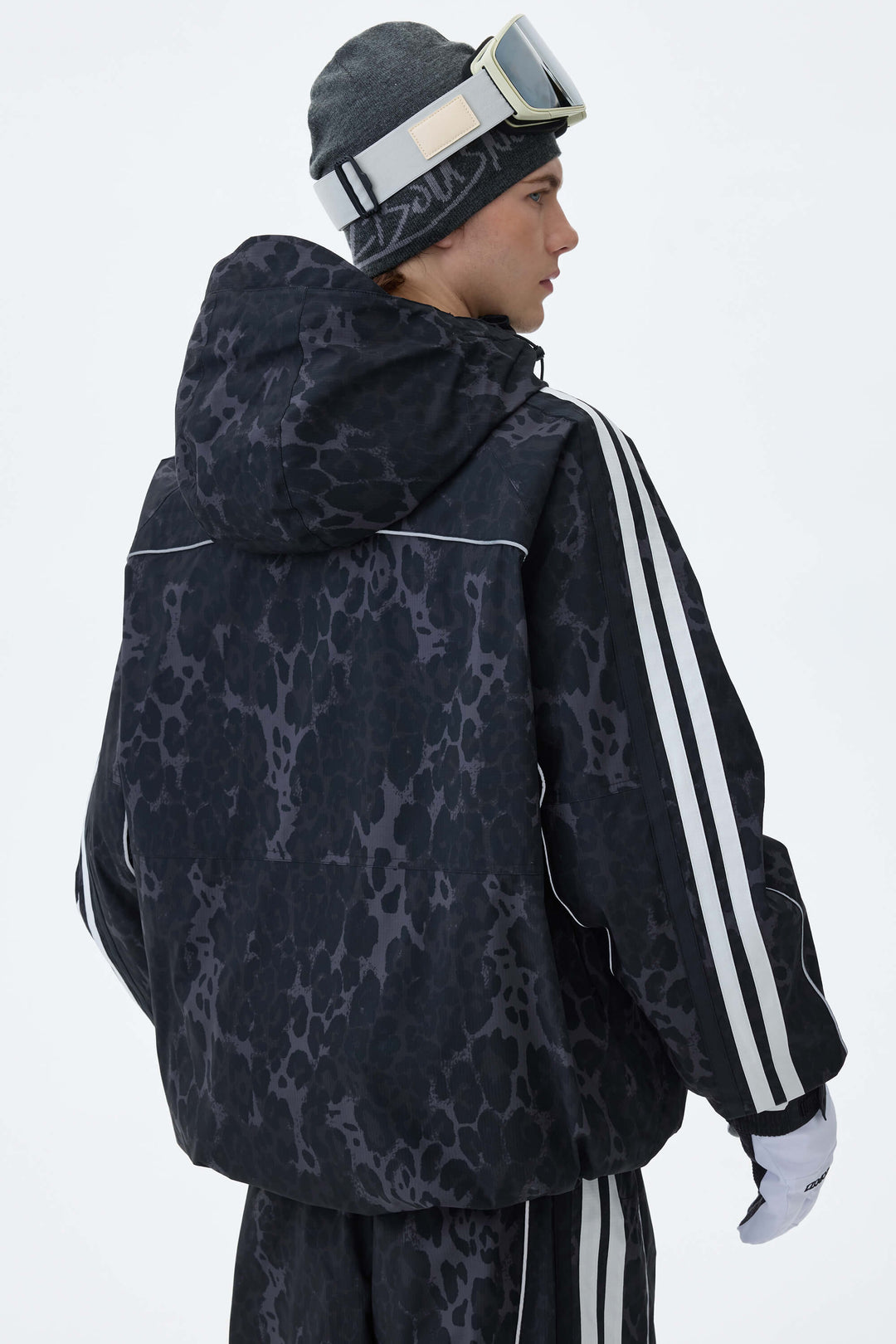 Men's Gray Leopard Retro Track Stripe Reflective Snow Jacket