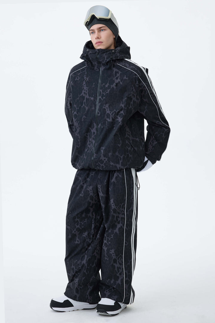Men's Gray Leopard Retro Track Stripe Reflective Snow Jacket
