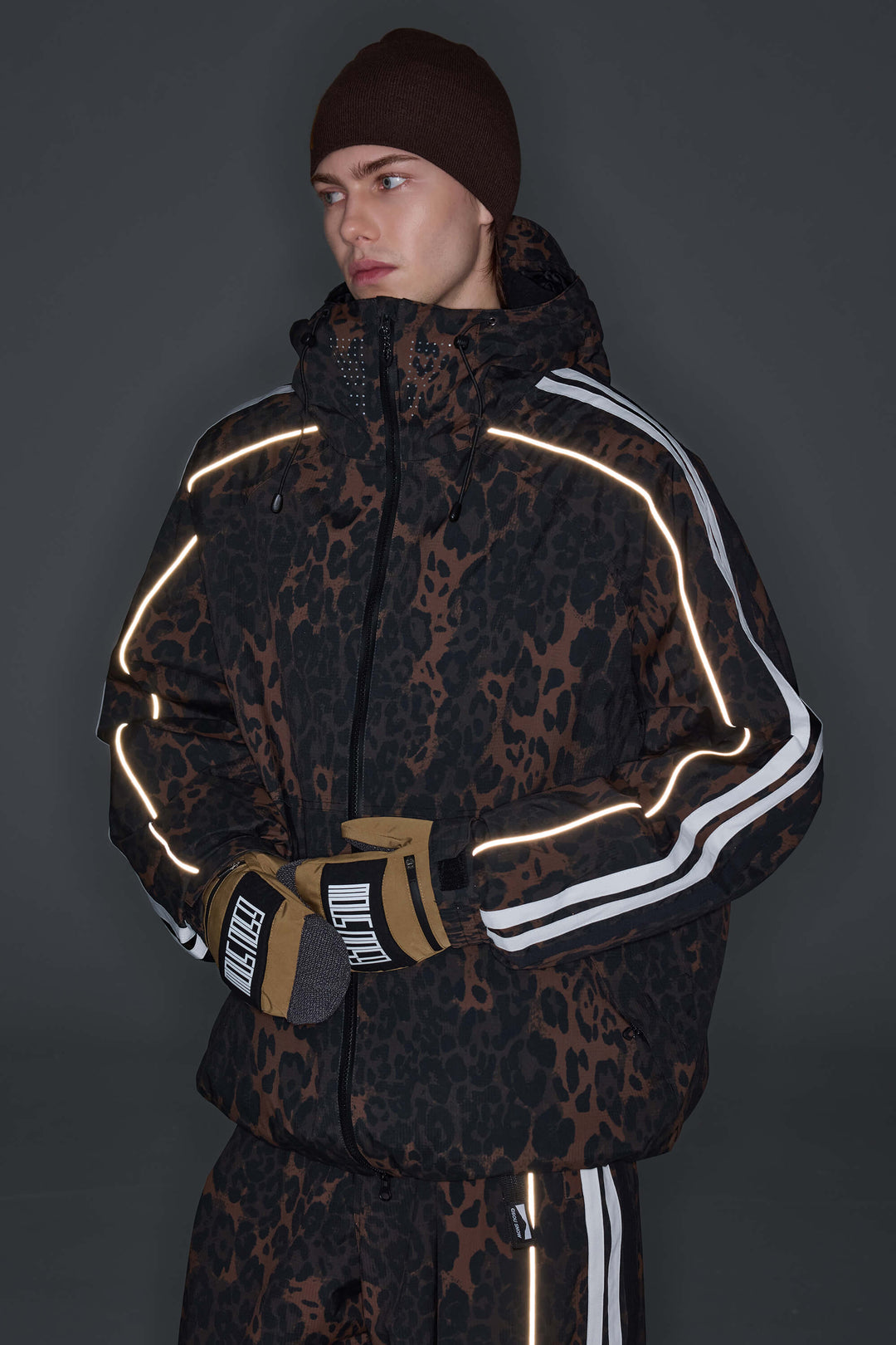 Men's Oat Milk Retro Track Stripe Reflective Snow Jacket