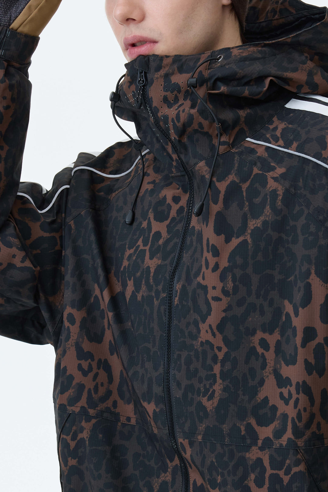 Men's Brown Leopard Retro Track Stripe Reflective Snow Jacket