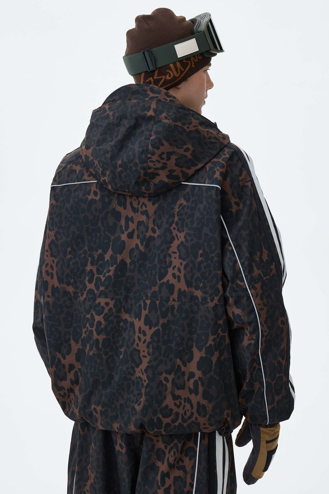 Men's Brown Leopard Retro Track Stripe Reflective Snow Jacket