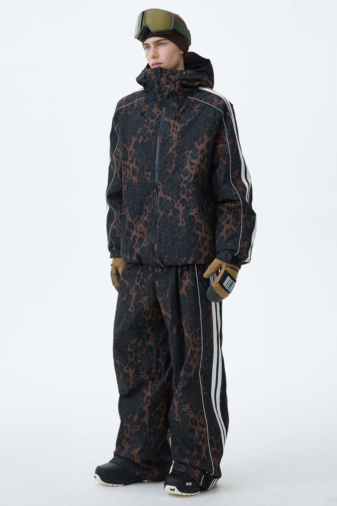 Men's Brown Leopard Retro Track Stripe Reflective Snow Jacket