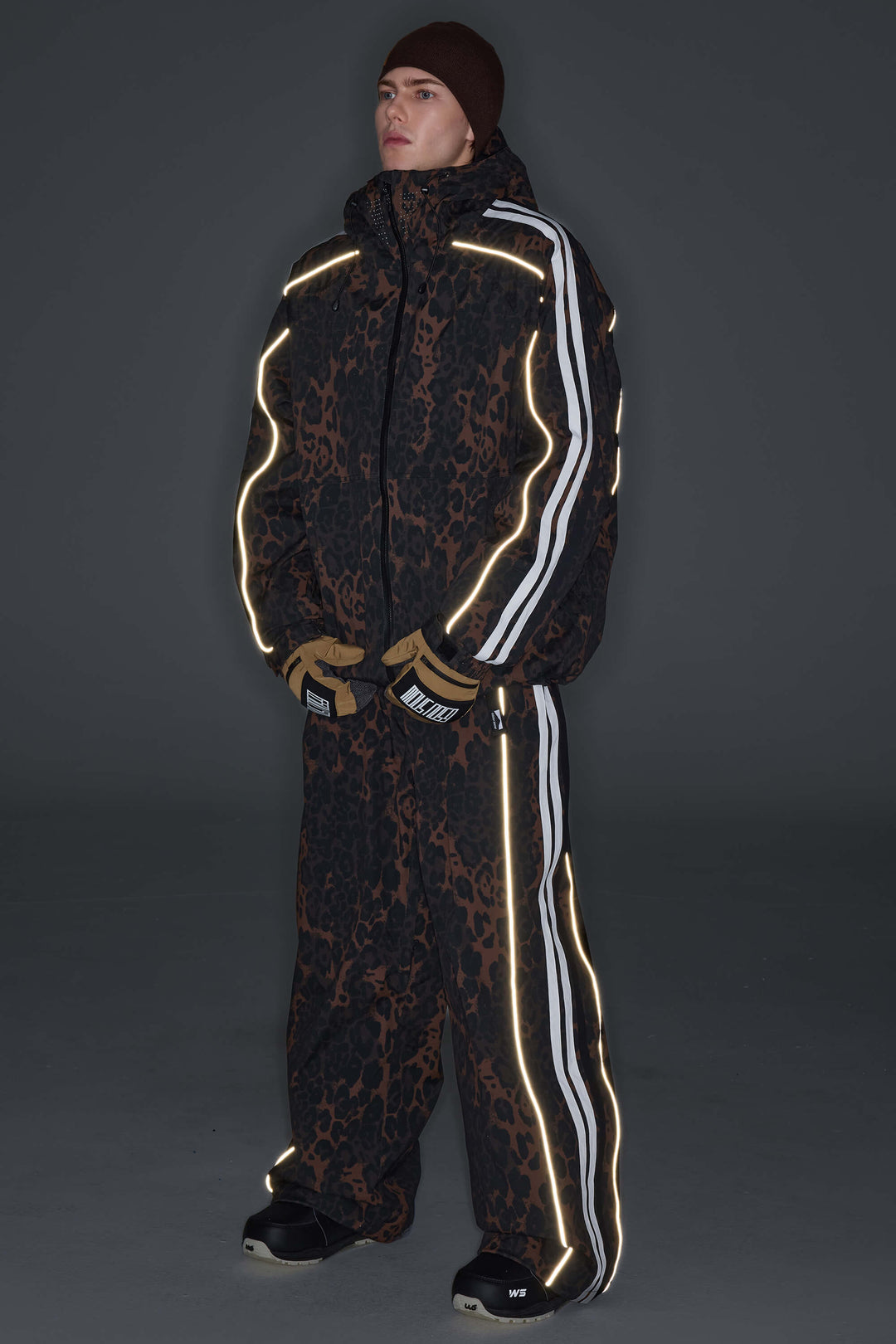 Men's Brown Leopard Retro Track Stripe Reflective Snow Jacket