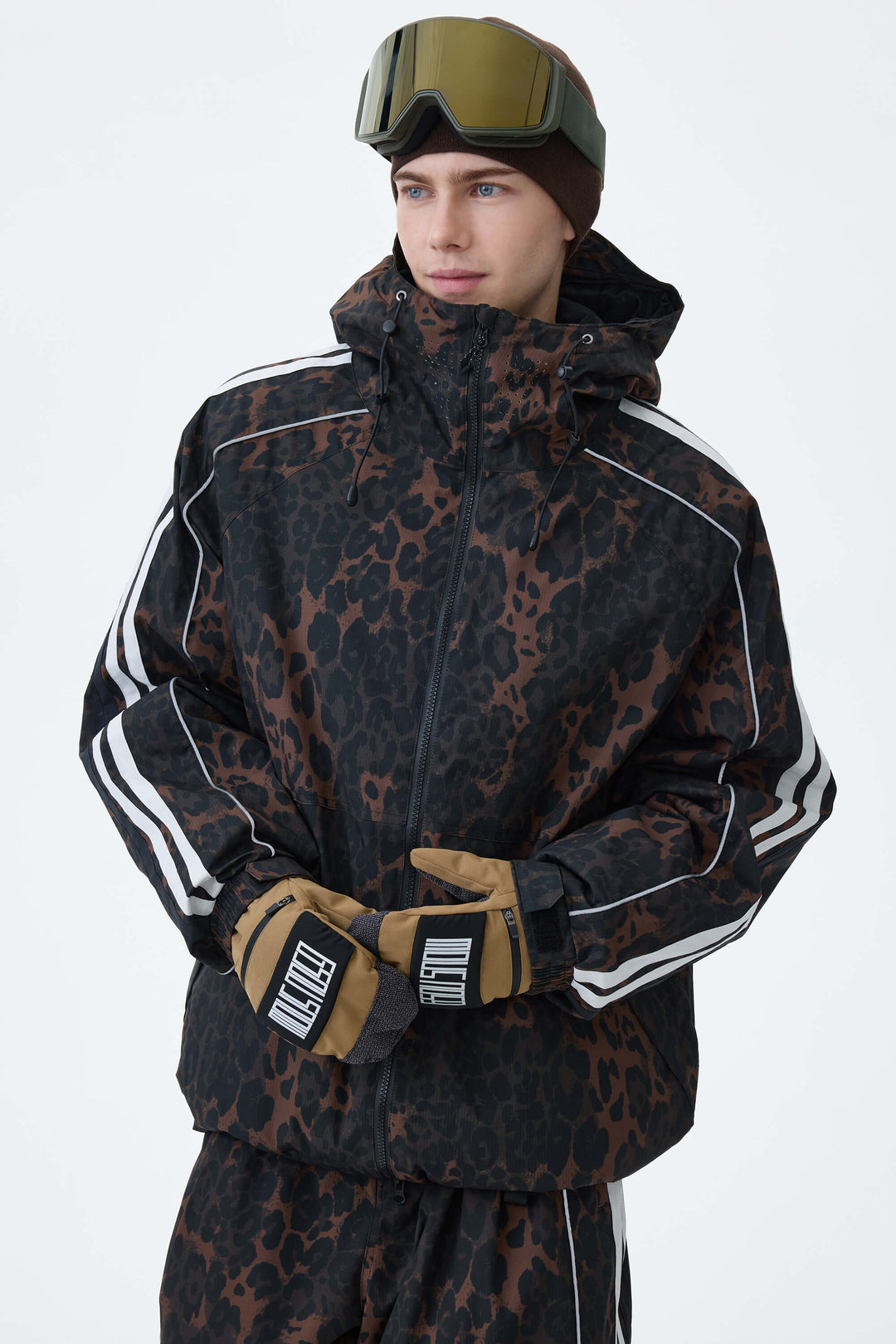 Men's Brown Leopard Retro Track Stripe Reflective Snow Jacket
