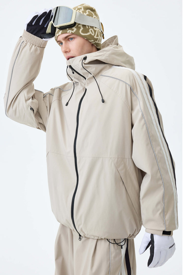 Men's Oat Milk Retro Track Stripe Reflective Snow Jacket